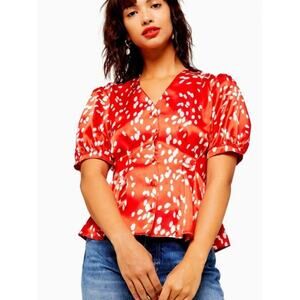 Topshop Dalmation Print Red Satin Pleated Blouse, 12